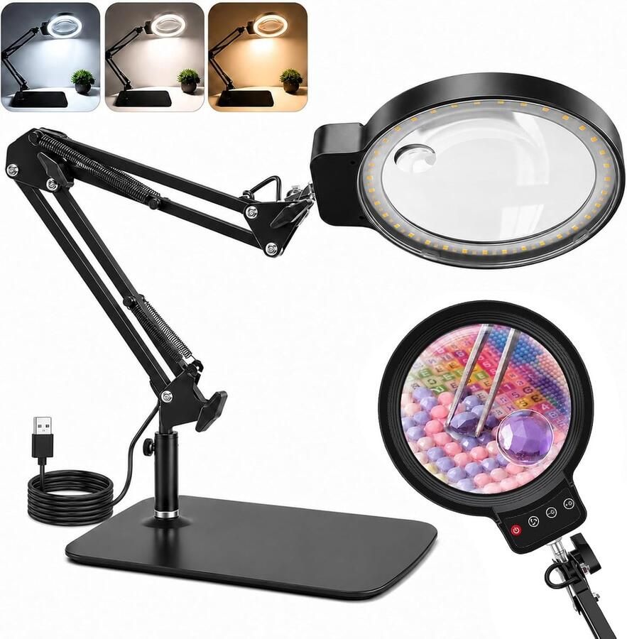 Vergrootglas met licht en standaard met 3 kleurmodi en instelbare helderheid bureaulamp met scharnierarm en klem vergrootglas met grote vergroting voor knutselwerk lezen en precisiewerk
