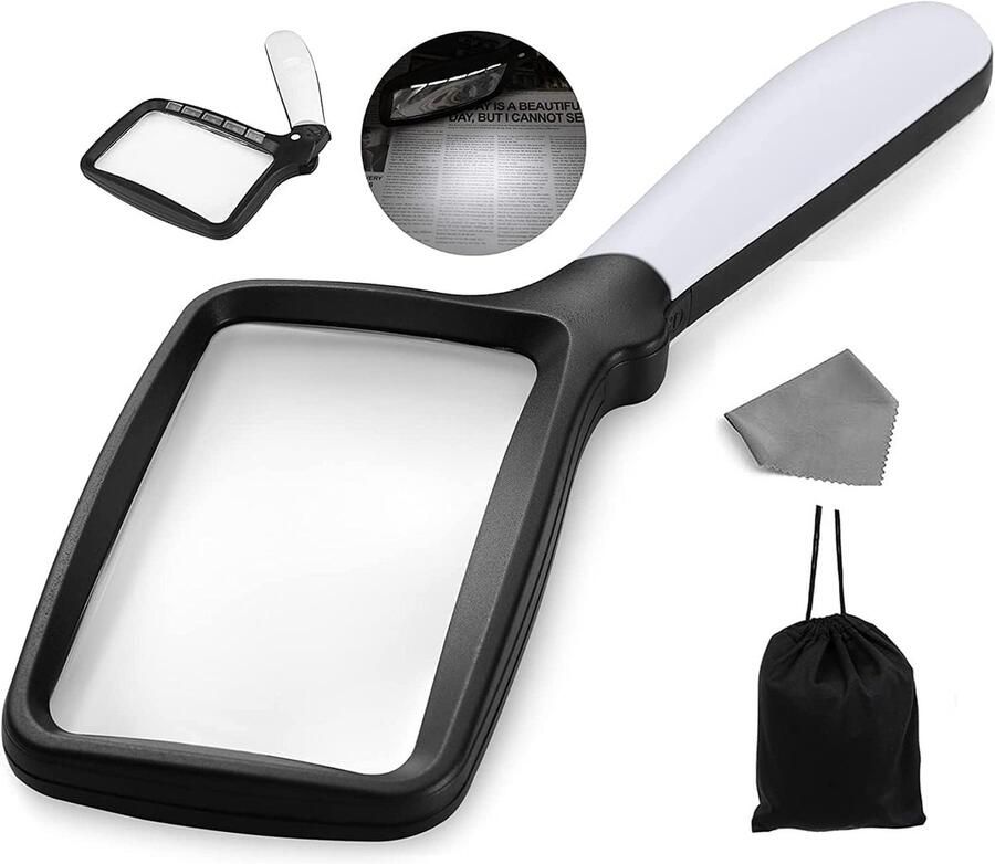 Vergrootglas met licht inklapbare leesloep met 5 ledlampjes 3-voudige grote rechthoekige leesloep 2 modi dimbaar vergrootglas voor senioren krant boeken hobby inspectie medicijnfles
