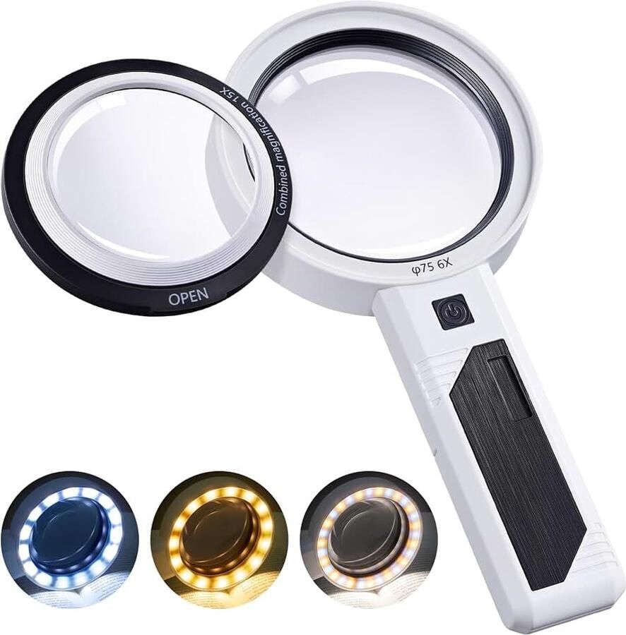 Vergrootglas met ultraheldere led 5x 10x vergroting handloep verlichte loep voor kinderen senioren juweliers munten (zwart)
