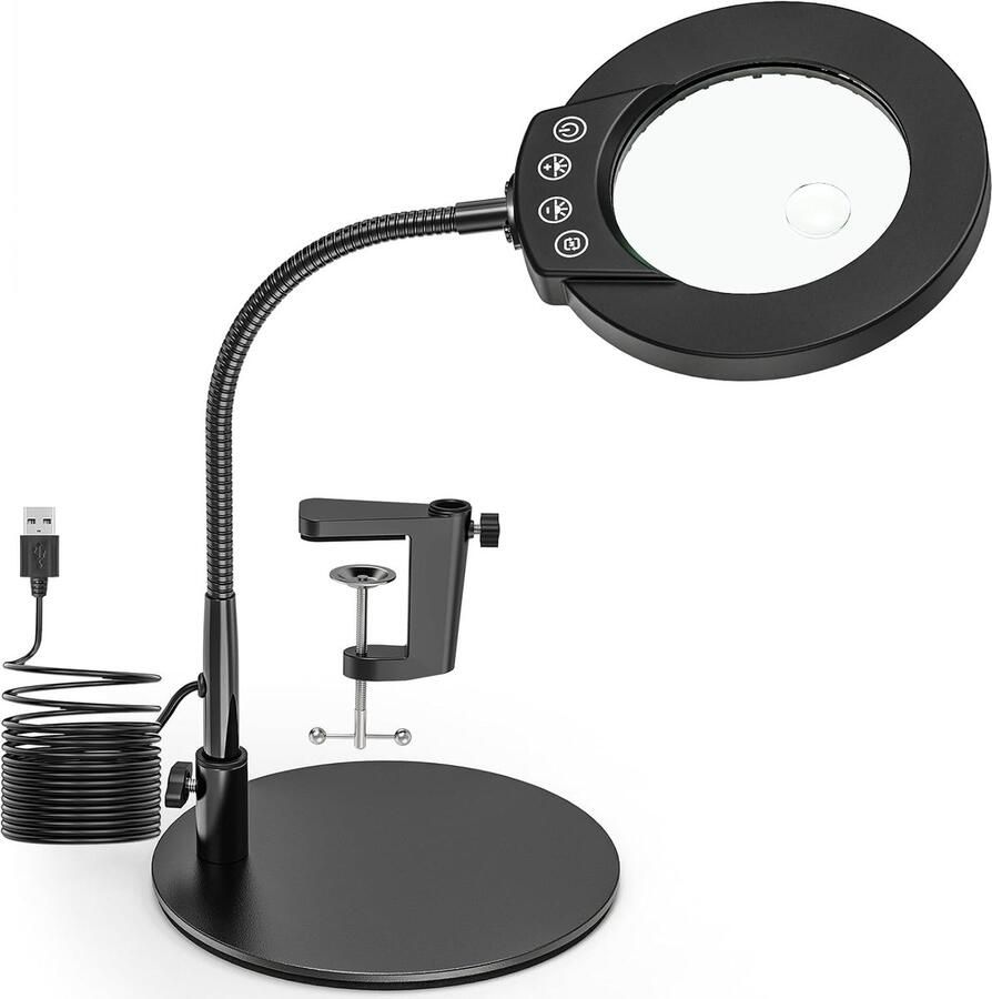 Vergrootglas met zwanenhals met licht en standaard 10x 15x LED vergrootbureau met klem en basis bureauvergrootlamp met 5 kleurmodi traploos dimbaar voor hobbyknutselen lezen repareren