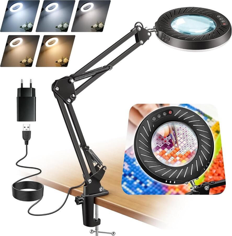 Vergrootlamp 12 x met klem vergrootglas met verlichting dimbare led-tafellamp met 5 kleurmodi 9 helderheidsniveaus voor handwerk reparaties en groot