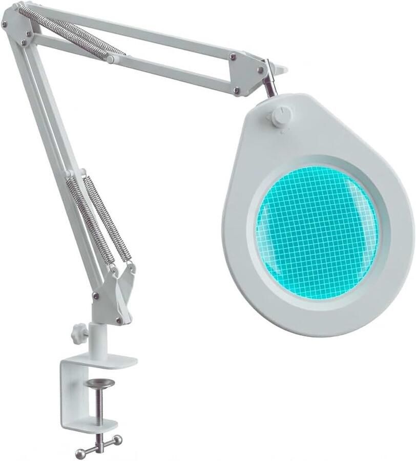 Vergrootlamp met 105 mm 5X lens dimbare leds zwenkarm met 90 cm bereik 6 4 cm robuuste klem en eenvoudige lampkopschakelaar (wit)