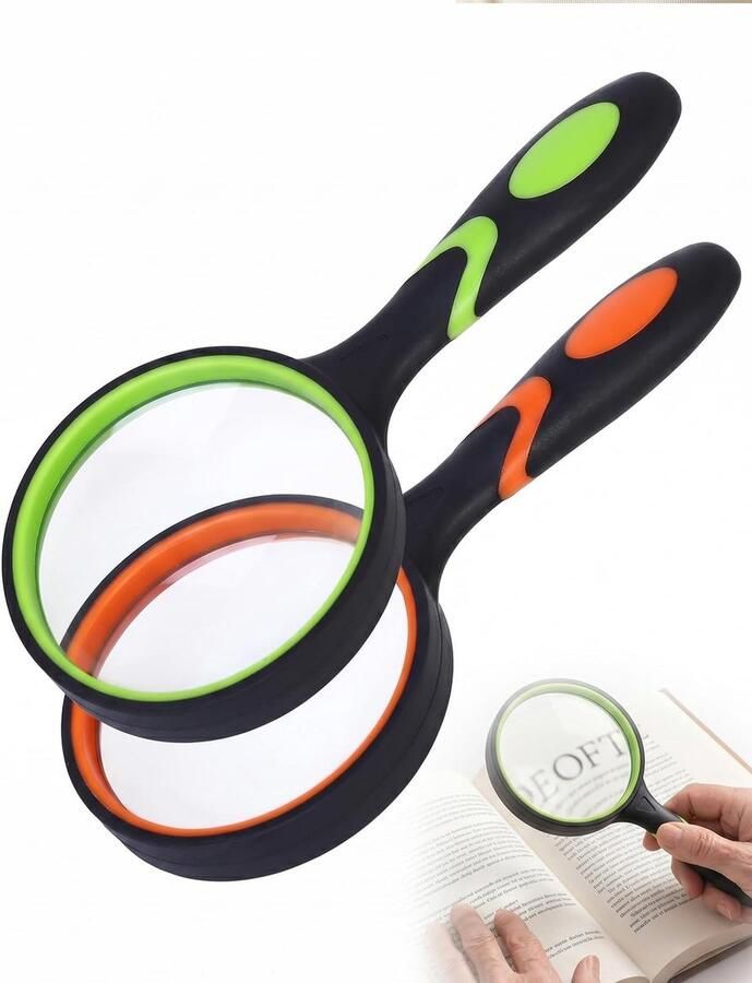 Vergrootlenzen van glas 50 mm en 75 mm met anti-slip handvat zwart oranje groen 2 stuks