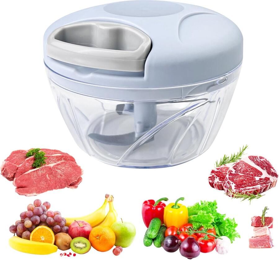 Verhakmolen met koord 500 ml groentesnijder met trekstang mini-hakmolen met 3 roestvrijstalen messen handmatige hakmolen voor keuken mixer uiensnijder blauw