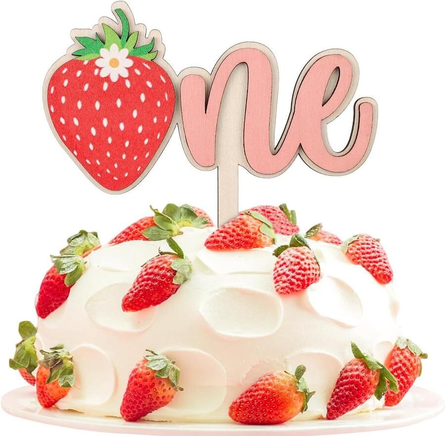 Verjaardag Aardbeientaart Houten Taart Een Roze Aardbei Een Taart Aardbeientaart Decoratie voor Babyshower Eerste Verjaardagsfeest