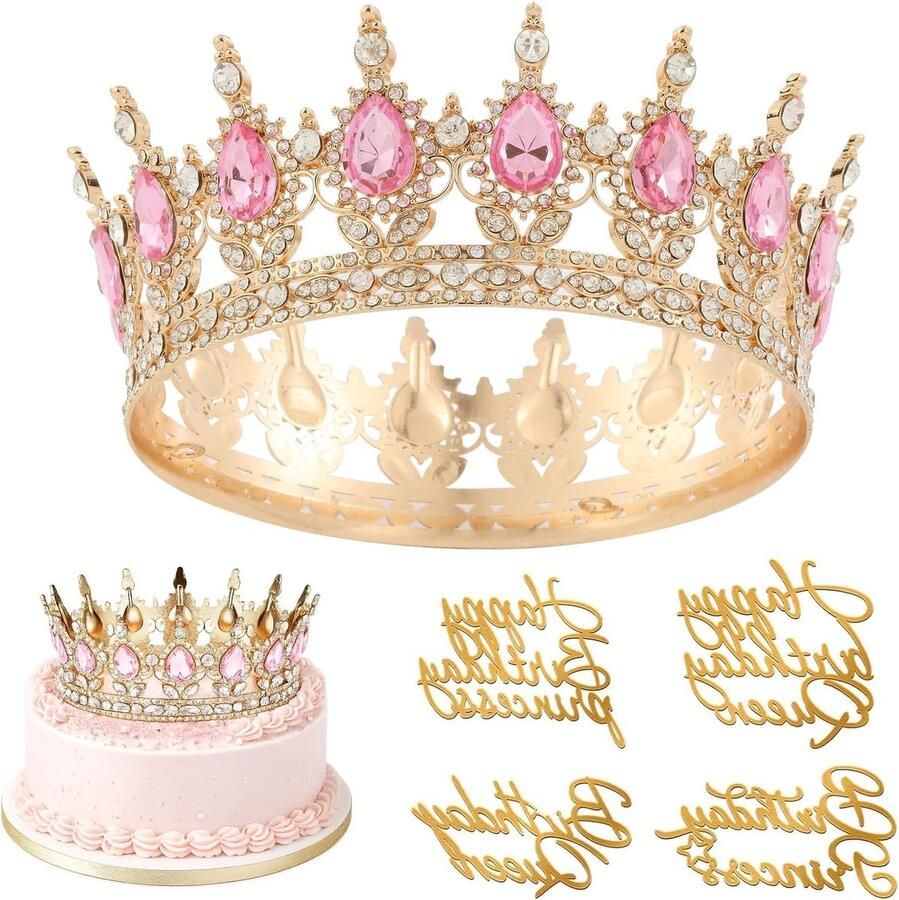 Verjaardagscorona voor Meisjes Vintage Diadem Cake Topper voor Verjaardagsfeest Bruiloft en Speciale Gelegenheden met 4 Gelukkige Verjaardag Decoraties