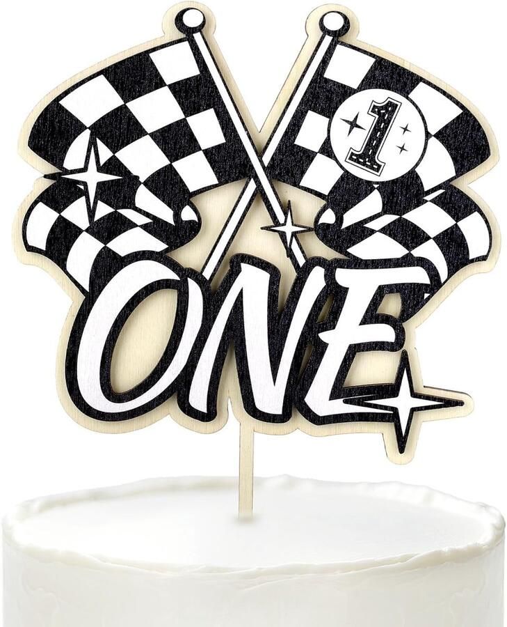 Verjaardagstaarttopper Houten Raceautotaarttopper Zwart-Witte Vlagtaartdecoratie voor 1e Eerste Racethema Verjaardagsfeestjes