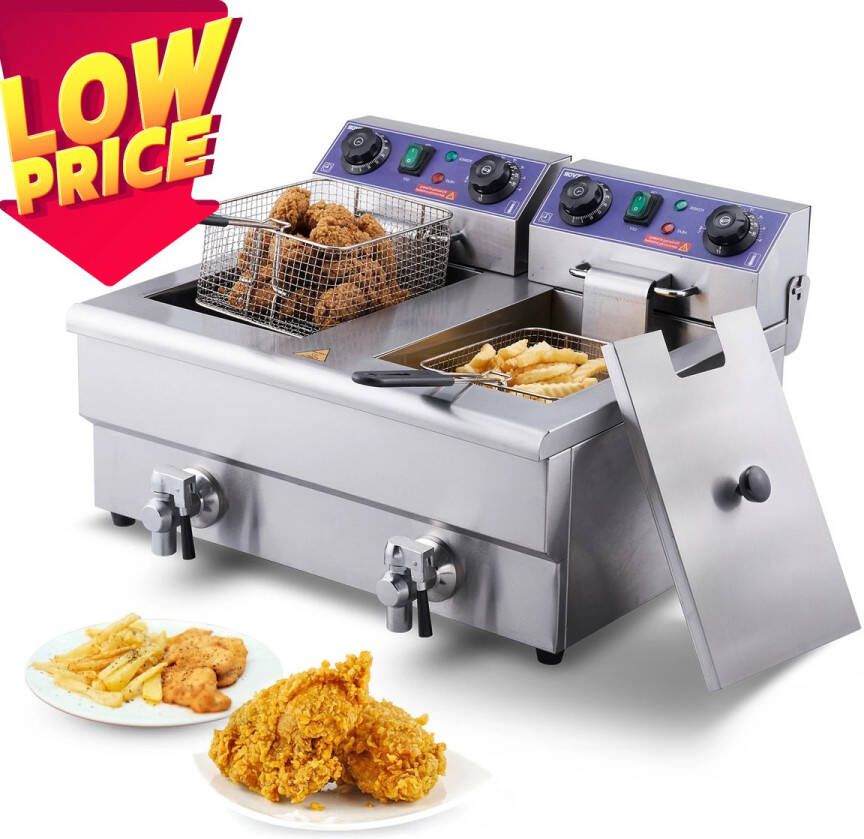 Verkoop Nederland Friteuse Dubbel Met Dubbele Tanks Roestvrijstalen Friteuse Met timer Met filter 2 x 6 liter Tot 200°C 2 x 1500 watt Koude zone Aftapkraan RVS