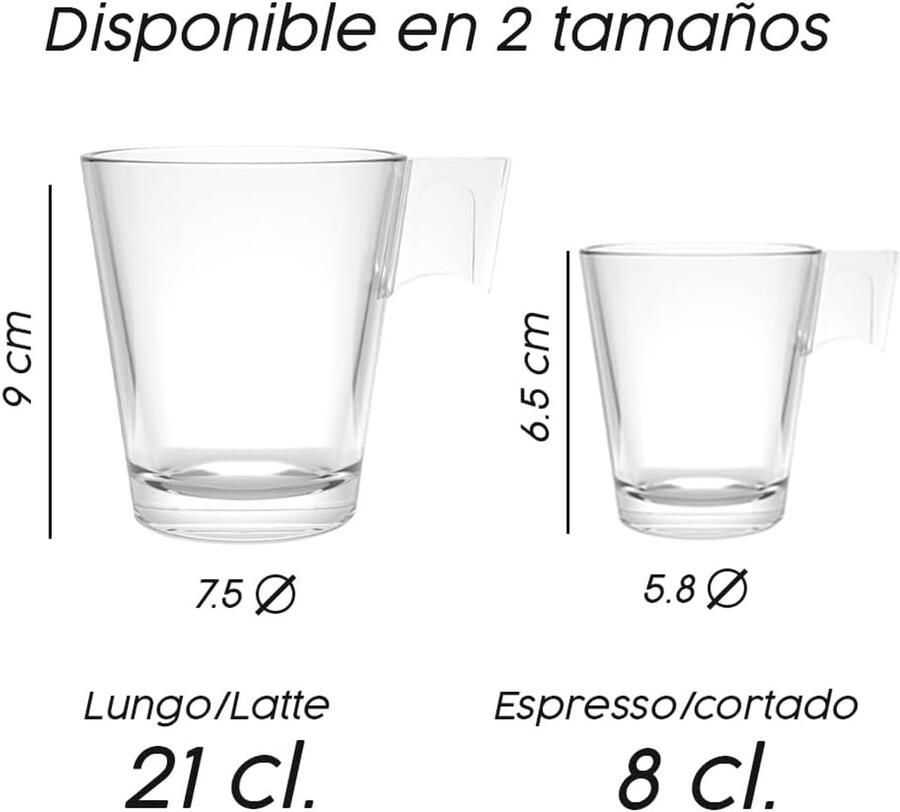 Verpakking met 6 koffiekopjes grote kopjes 21 cl transparant glas (Lungo met melk)
