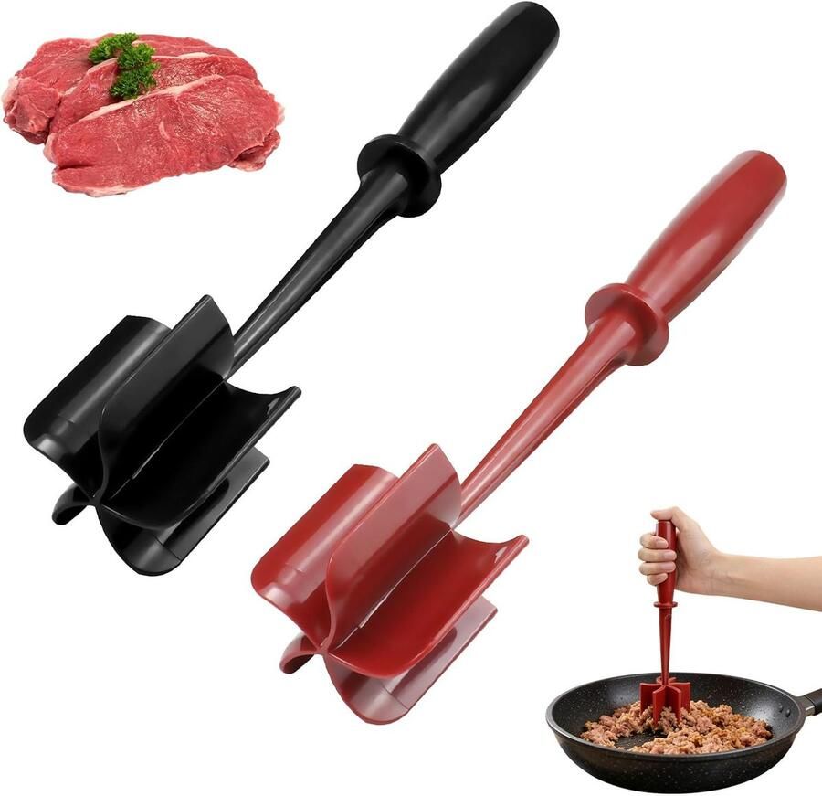 Versnipperaar Vleesmolen Grinder 5 Schuine Messen voor Rundvlees en Hamburger Hittebestendig en Anti-kras voor Pannen Geschikt voor Aardappelen en Zoete Aardappelen Zwart en Rood Set van 2 Stuks (1 Zwart + 1 Rood)