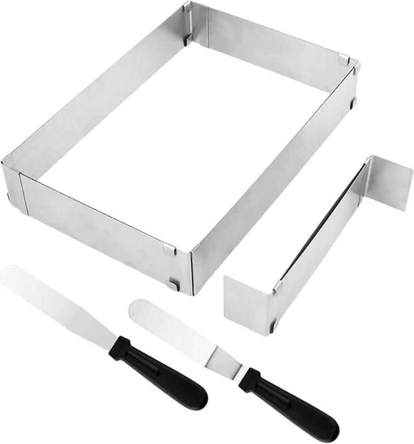 Verstelbaar bakframe van roestvrij staal rechthoekig en hoekig 5 cm hoog met 2 spatels perfect voor taarten pizza en desserts bakken