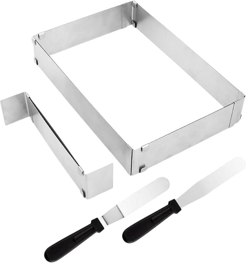 Verstelbaar bakframe van roestvrij staal rechthoekig en hoog 5 cm inclusief 2 spatels voor taarten en pizza's bakken