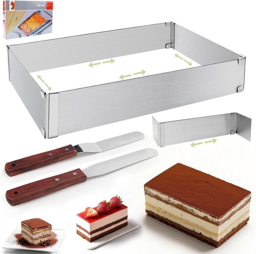 Verstelbaar Bakframe voor Taarten en Gebak met Divider en Spatel Perfect voor Bakplaten (18 x 27 ~ 34 x 52 cm)