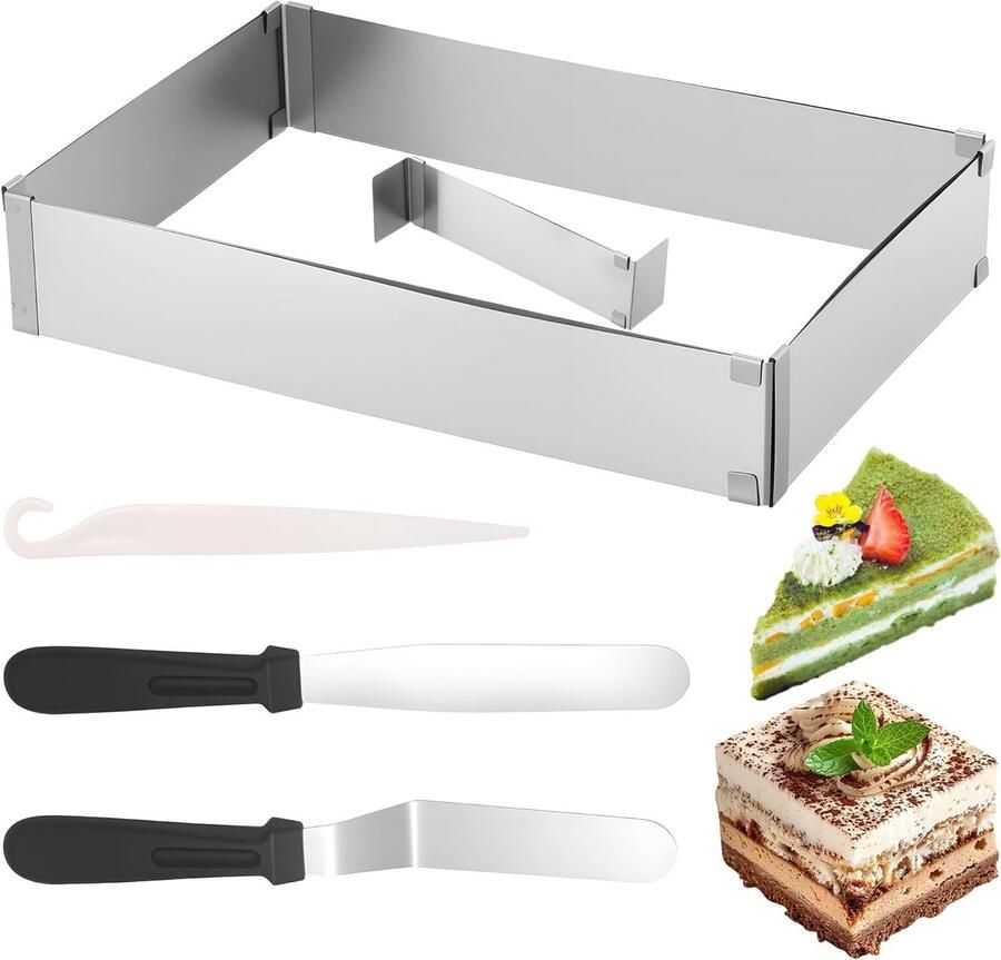 Verstelbaar rechthoekig bakframe van roestvrij staal 5 cm hoog 27 x 18 cm uitbreidbaar tot 52 x 33 cm inclusief divider en spatels voor taarten pizza's en gebak