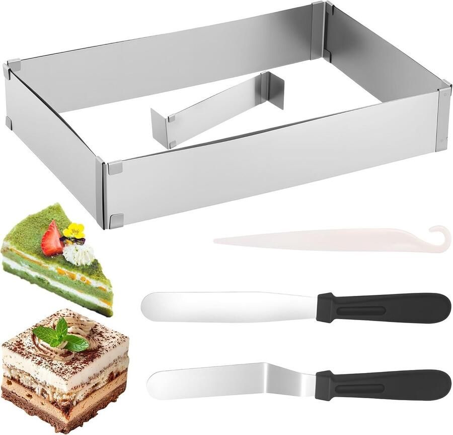 Verstelbaar rechthoekig bakframe van roestvrij staal 5 cm hoog 27 x 18 cm uitbreidbaar tot 52 x 33 cm inclusief 1 divider en 2 spatels voor taarten gebak en pizza's