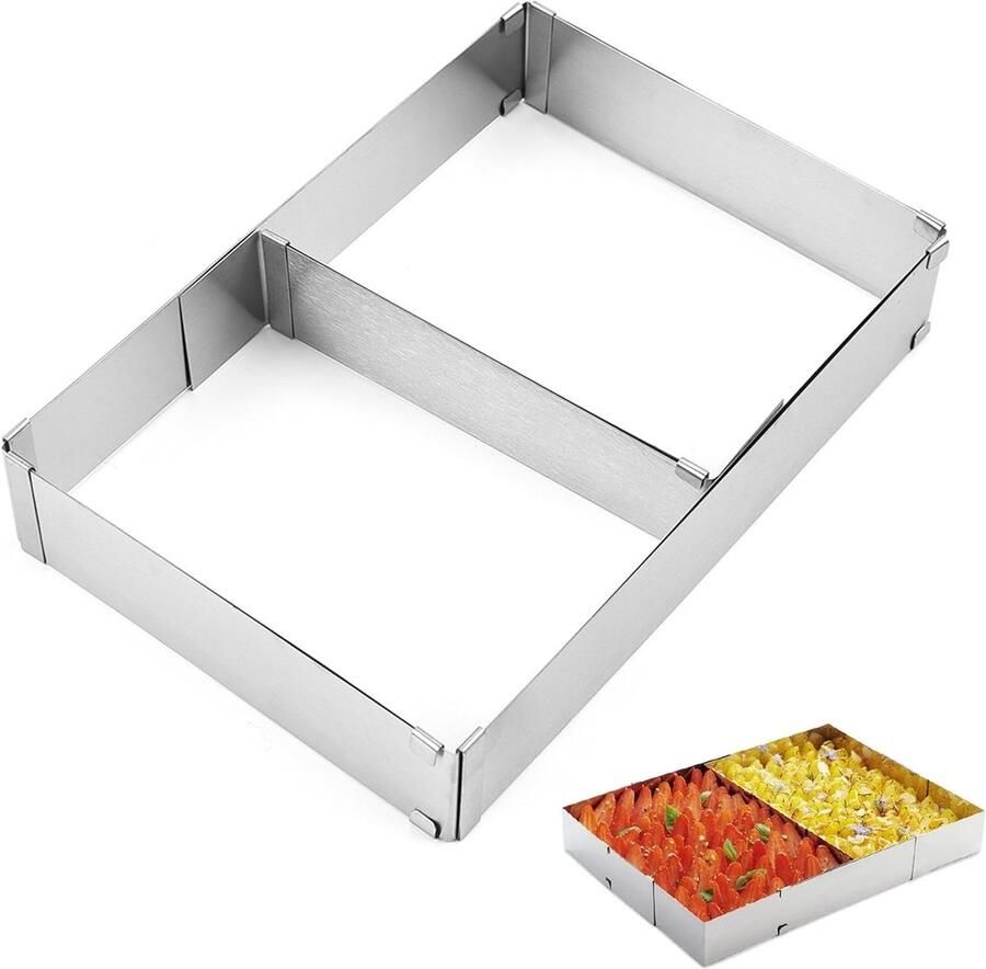 Verstelbaar rechthoekig bakframe van roestvrij staal ideaal voor taarten pizza's en desserts inclusief spatula en divider voor perfecte resultaten