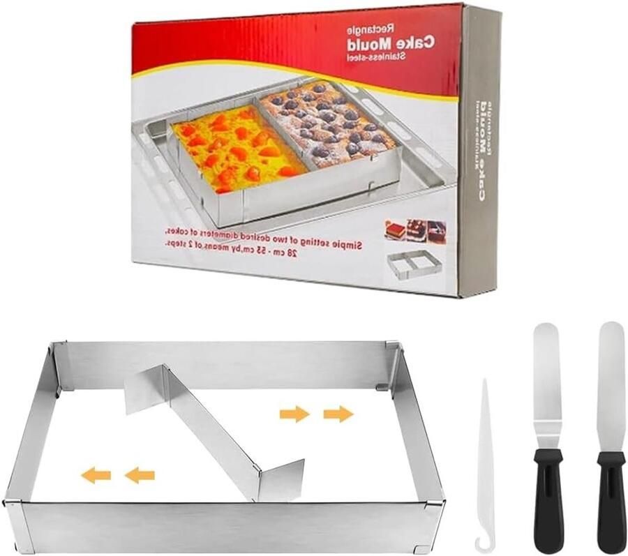 Verstelbaar RVS Bakframe voor Taarten en Pizza's met Verdelers en 2 Hoekspatels 18-33 x 28-53 cm Perfect voor Bakken en Decoreren