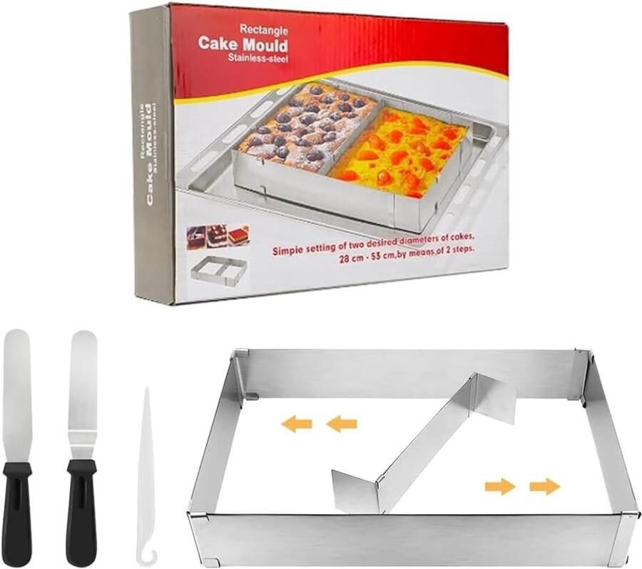 Verstelbaar RVS Bakframe voor Taarten en Pizza's met Divider en 2 Hoekpaletten 18-33 x 28-53 cm Perfect voor Bakken en Decoreren