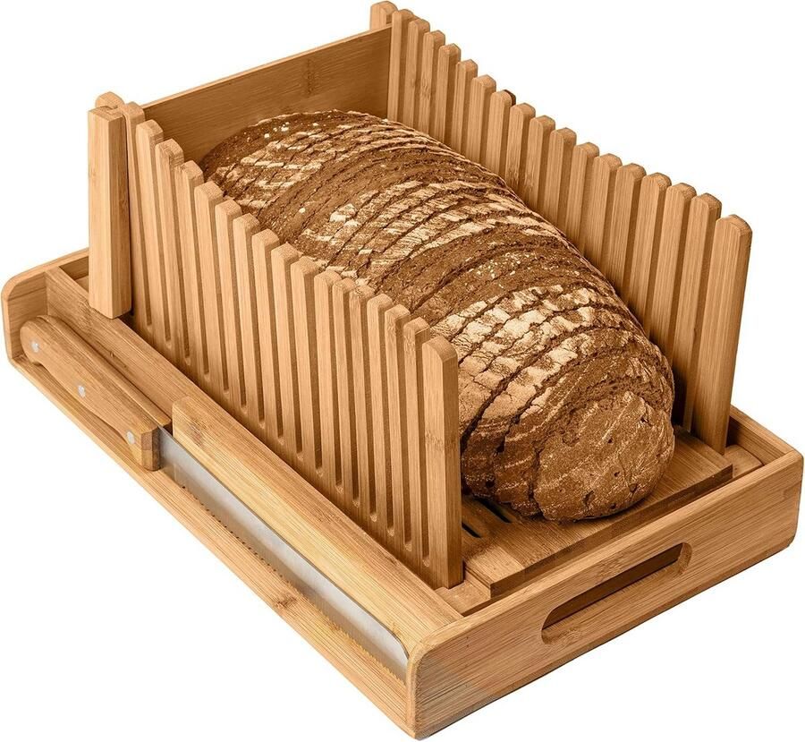 Verstelbare Bamboe Broodsnijmachine met Kruimelbak Voor Zelfgemaakt Brood Bagels & Cake