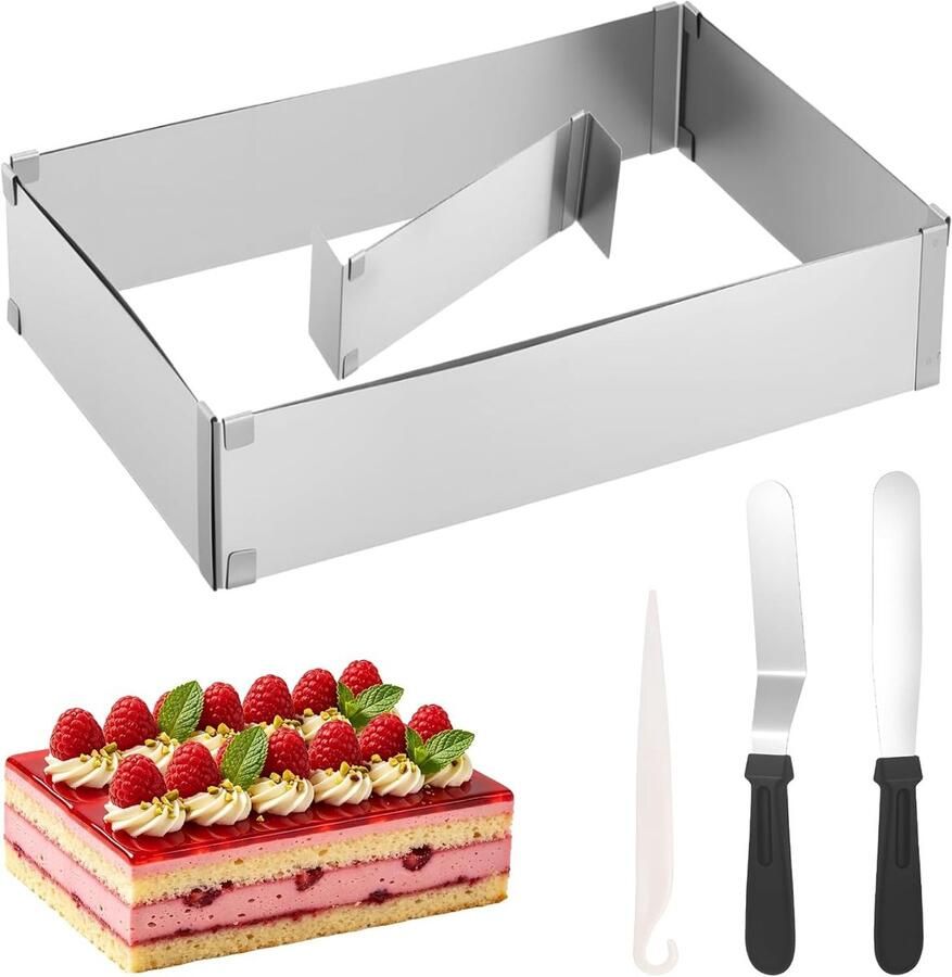 Verstelbare Rechthoekige Bakring 8cm Hoog 27 x 18cm Uitbreidbaar tot 52 x 34cm Inclusief Verstelbare Scheiding en 2 Spatels Perfect voor Taarten Pizza's en Bakken