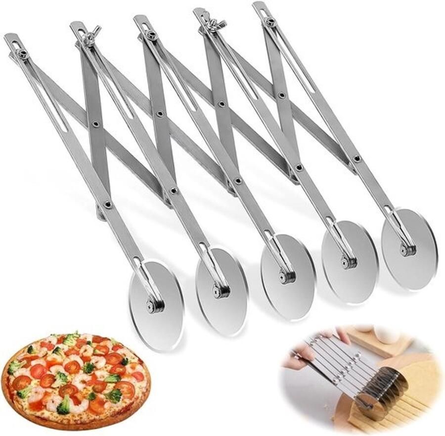 Verstelbare RVS Pizzasnijder met 5 Wielen voor Perfecte Snedes Keukenaccessoire en Kookgerei