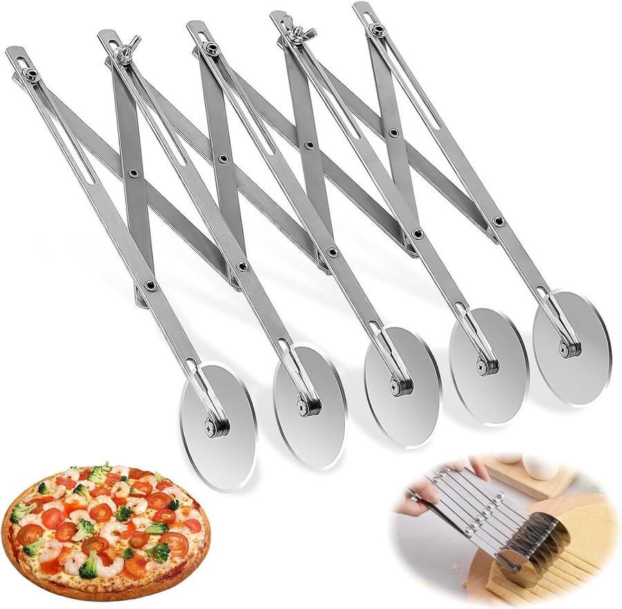 Verstelbare RVS Pizzasnijder met 5 Wielen voor Perfecte Snedes Keukenaccessoire en Kookgerei
