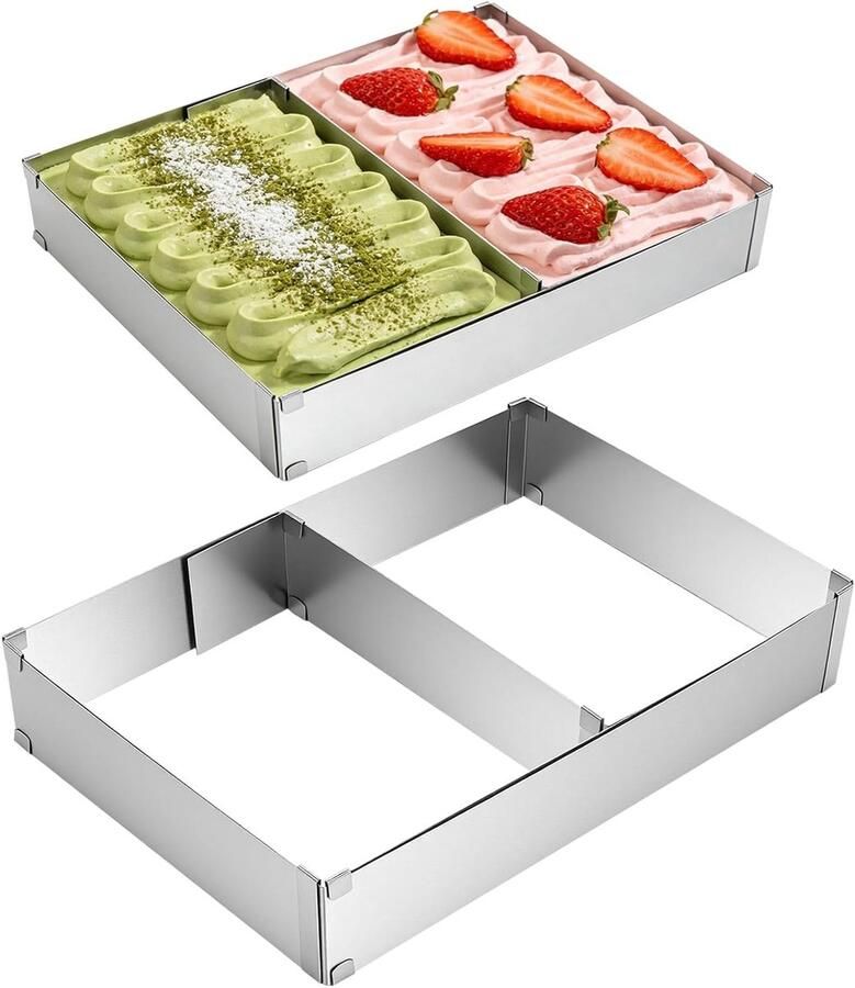 Verstelbare taartvormen set van 2 rechthoekig bakframe met verdeler voor taarten mousses en pizza's 5 cm hoog (27-52 cm x 18-34 cm) ideaal voor bakken multifunctioneel en roestvrijstaal