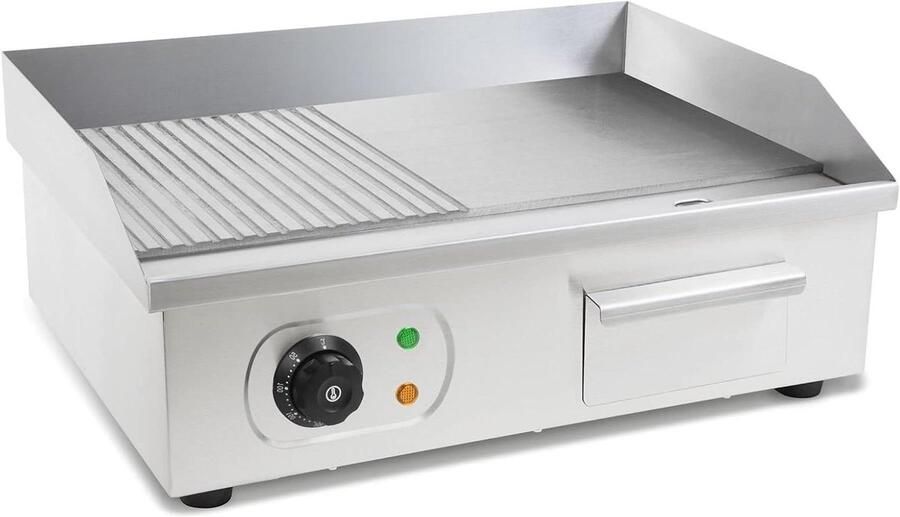Vertes Plancha Elektrische grillplaat 3000 W van roestvrij staal (grilloppervlak glad en met groeven 55 x 35 cm thermostaat temperatuur 50-300 °C spat- en warmtebescherming opvangbak rubberen