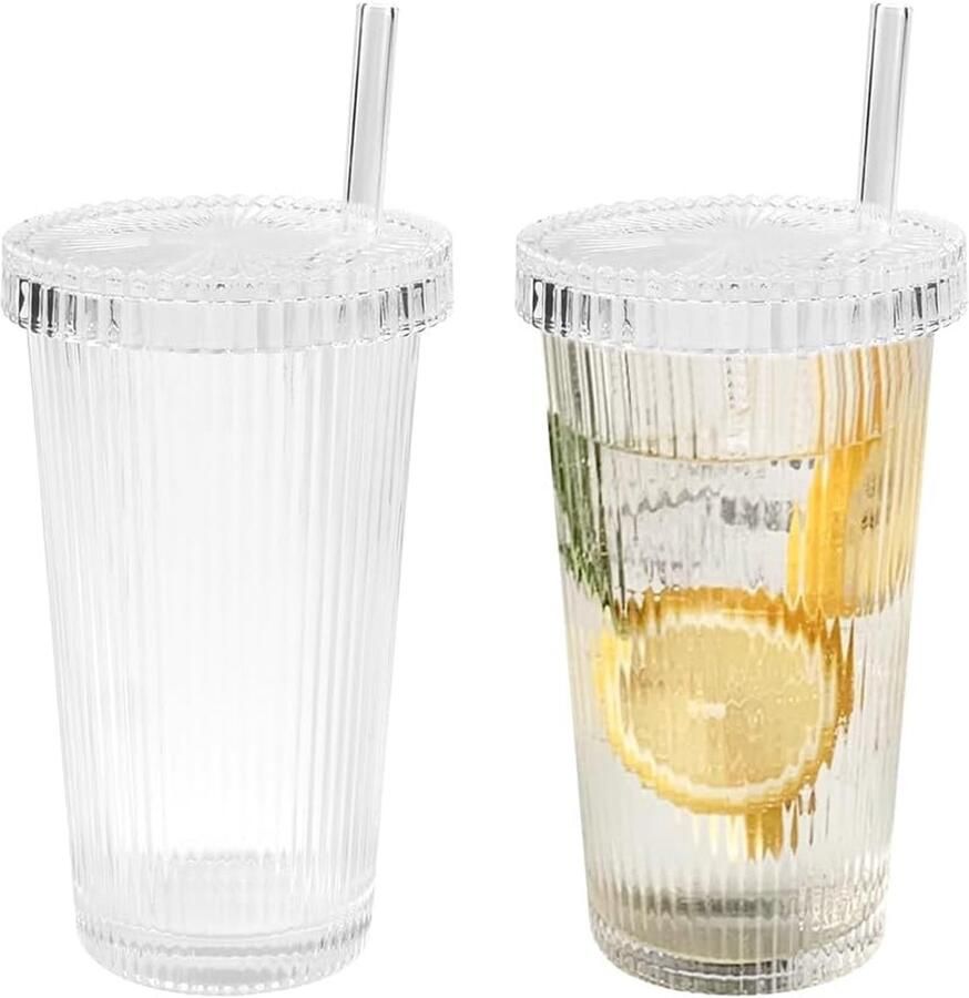 Verticaal gestreept stroglas met deksel melkkoffiekop drinkbeker ijs
