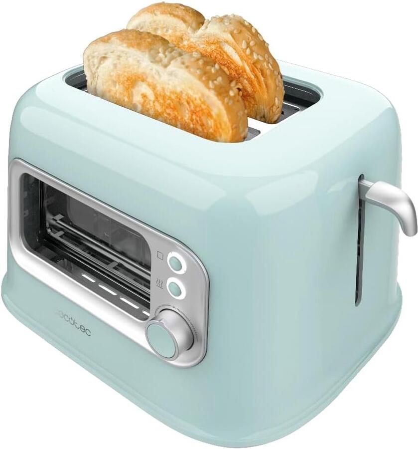 Verticale Broodrooster 2 Brede Gleuven RetroVision Blauw. 700 W in 5 Niveaus 2 Sneetjes Brood Controlevenster Retro Design Stofkap Automatische Uitschakeling en Pop-up