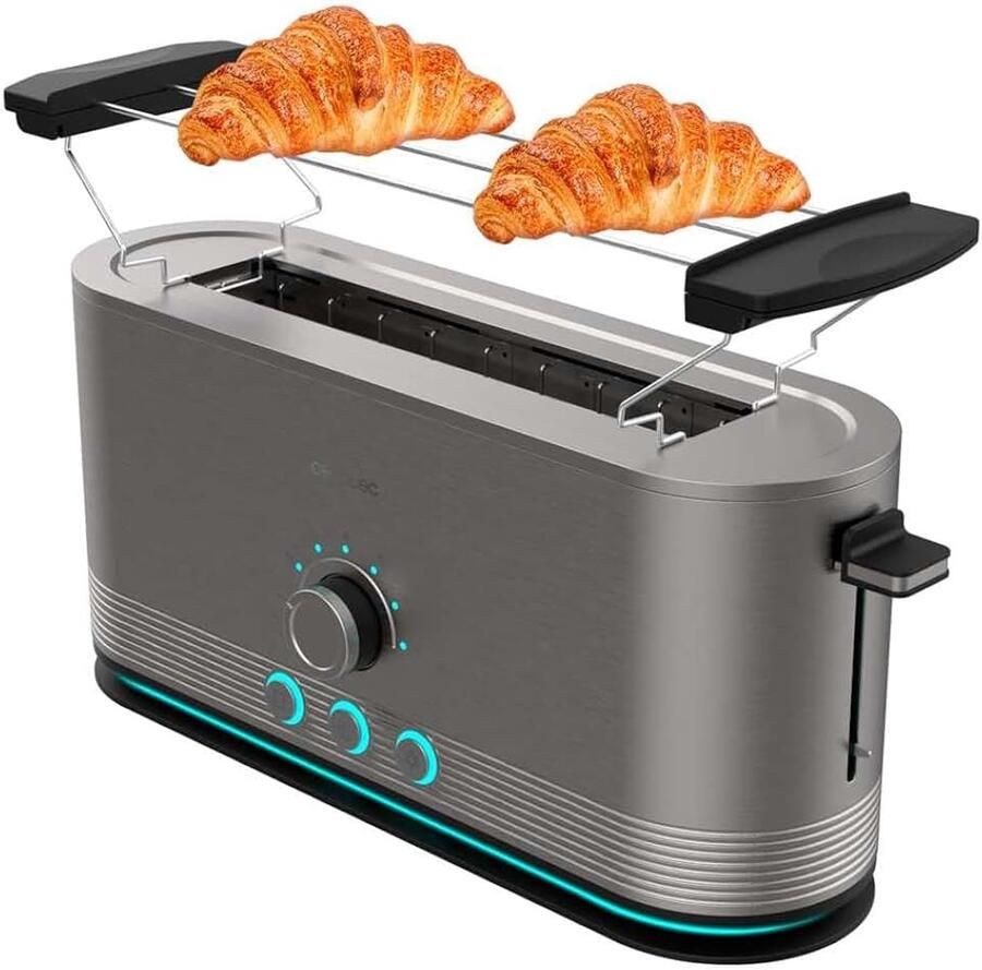 Verticale broodrooster van roestvrij staal met lange sleuf Shine&Toast Extra. 1050W capaciteit voor 2 sneden brede sleuf van 3 8 cm lichtring 7 roosterstanden bovenste stangen