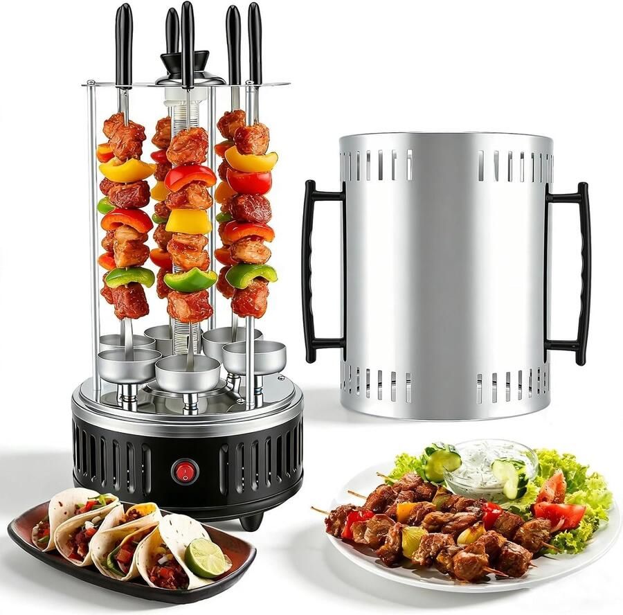 Verticale Elektrische Grill Zwart 1000W Met Glasverwarmingselement en 360° Rotatie Voor Kebab en Vlees