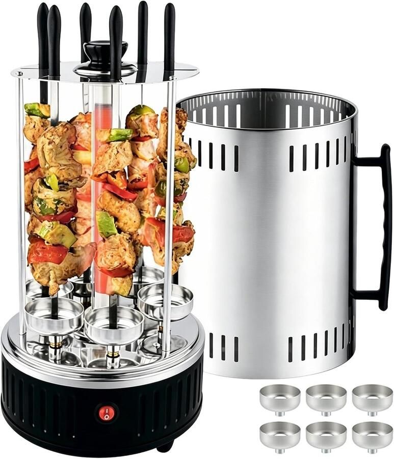 Verticale elektrische grill Zwart Roestvrij staal 20 x 37 5 cm Rookvrije BBQ-tafelgrill met 6 spiesen Voor Thuis en Feestjes