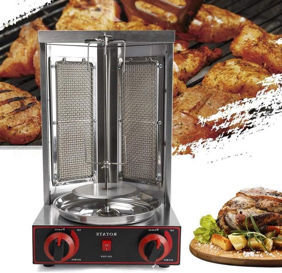 Verticale Grill Doner Kebab Machine Gourmet Koken Dubbele Branders 30x30x48 cm Zilver