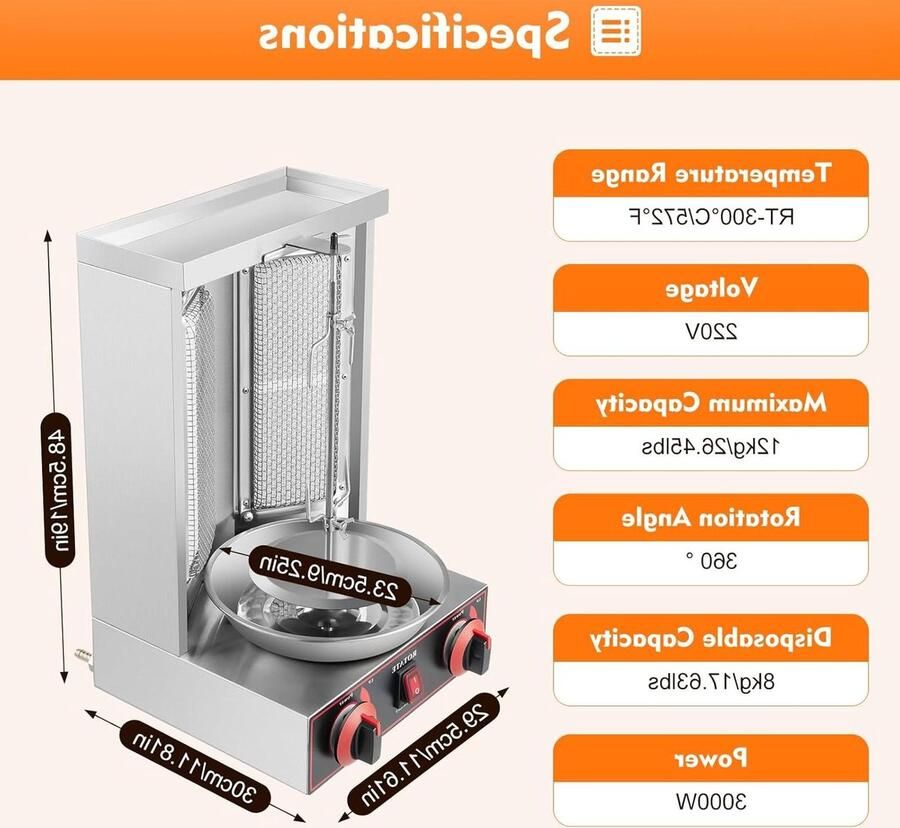 Verticale Grill Dönergrill Tafelgrill Vlees Garen 360 Graden Draaibaar 8 kg capaciteit Zilver