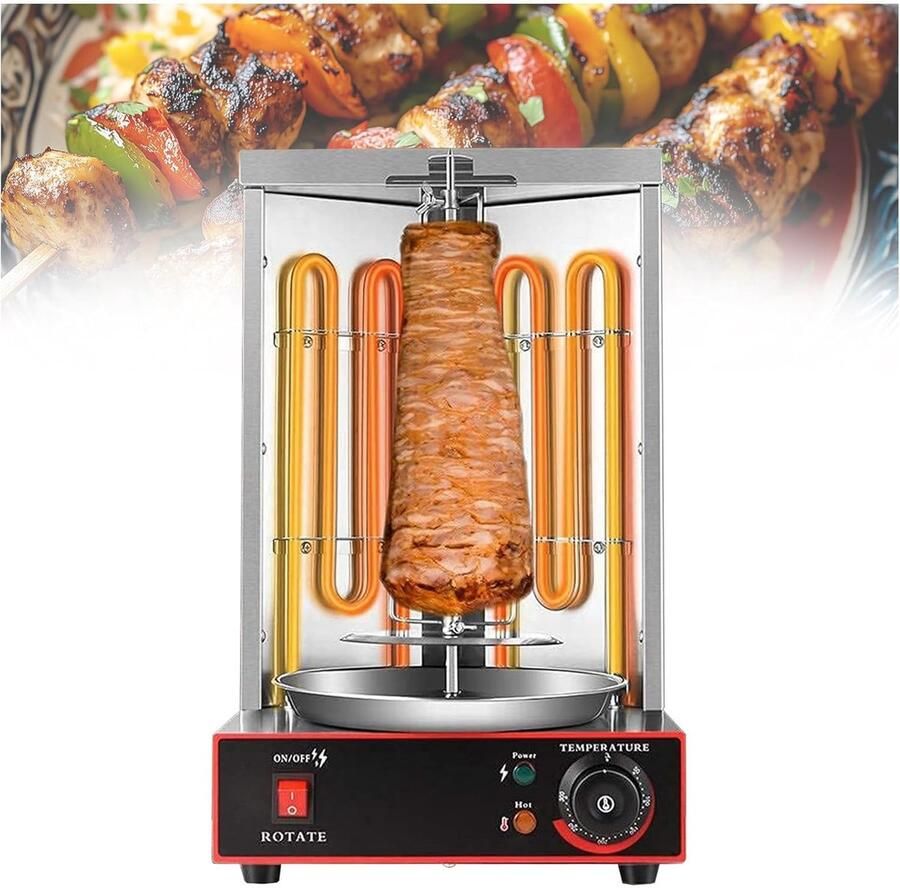 Verticale Grill Draaiende Kebab Vlees Grillen 360 Graden Rotatie 10 Kg Capaciteit Zilver