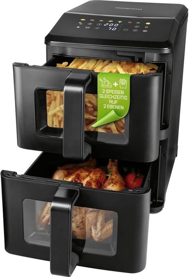 Verticale Heteluchtfriteuse Airfryer Dubbele Kamer Gezond Koken Twee Kamers 10 Liter 45x25x40 cm Zwart