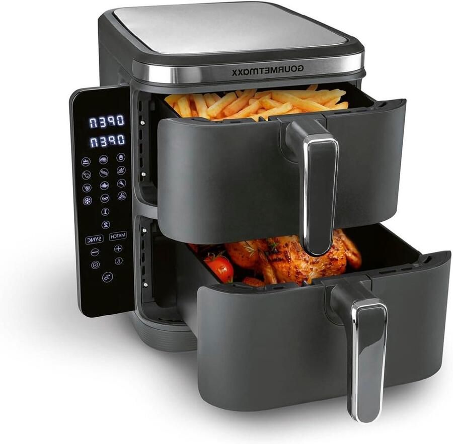 Verticale heteluchtfriteuse Dubbele kamer airfryer Gezinsmaaltijden bereiden Ruimtebesparend design 10 liter inhoud Grijs