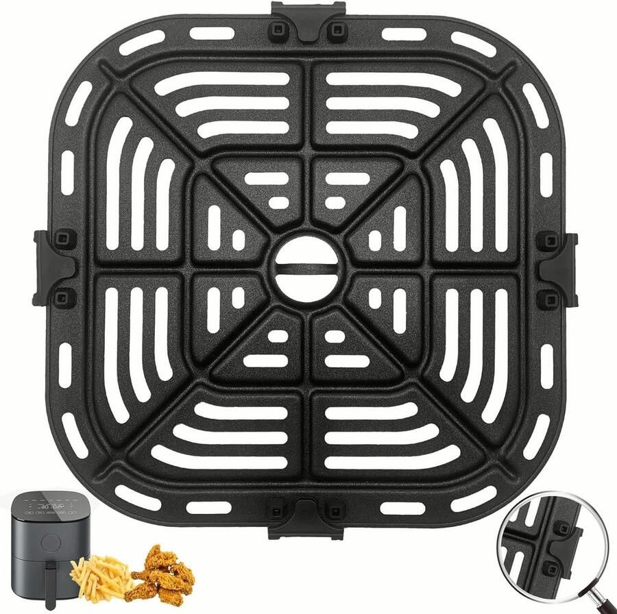 Vervangende Airfryer Pan Grillplaat Crisper Tray Gezond Koken Vaatwasmachinebestendig 20.5 x 20.5 cm Zwart