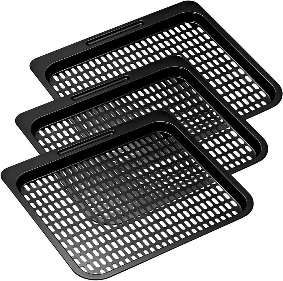 Vervangende Bakken Airfryer Lades Gelijkmatig Koken Geperforeerd Oppervlak 3 Stuks Zwart