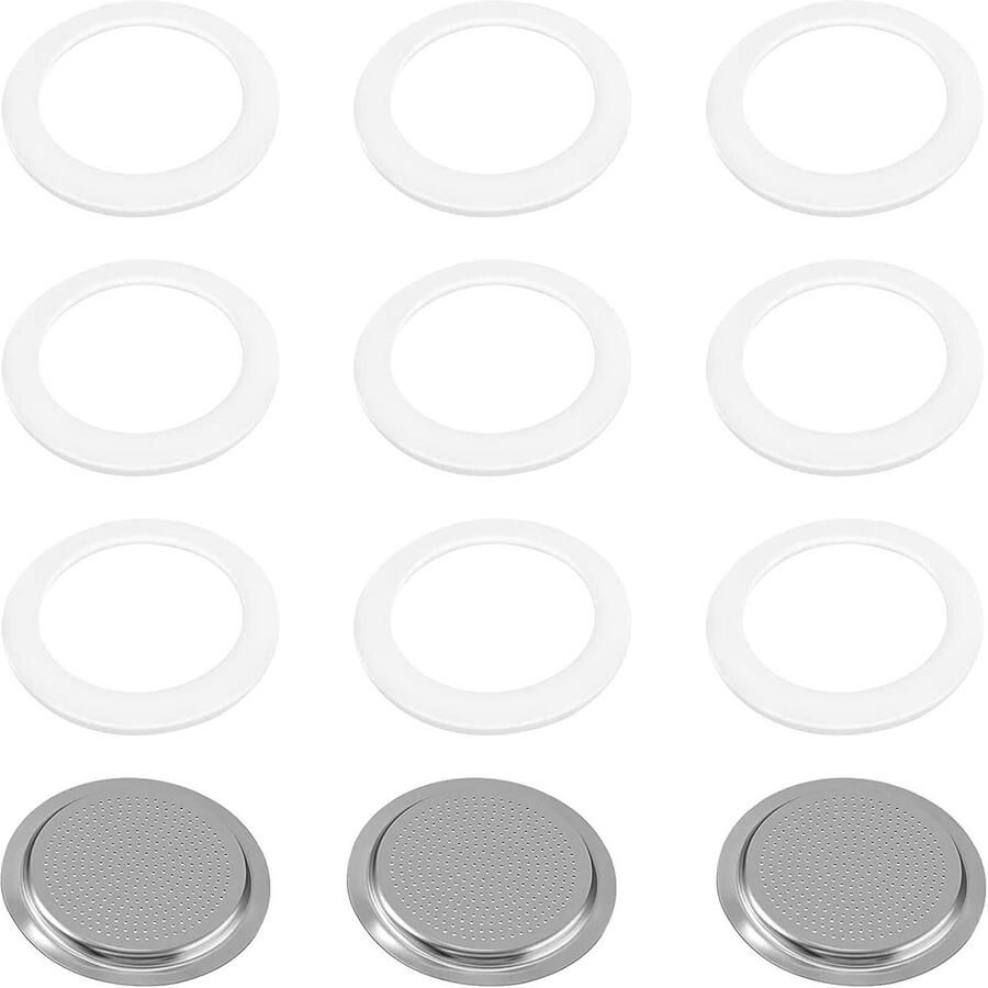 Vervangende O-Ringen en Siliconen Sealing Rings voor Koffiezetapparaten 9 Stuks + 3 Aluminium Filters voor 6 Kops Potten (74mm)