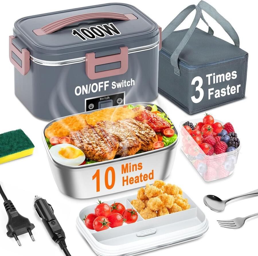 Verwarmbare Lunchbox Draagbare Maaltijdwarmer Eten Opwarmen 3-in-1 Aansluitingen 1.8 Liter Grijs
