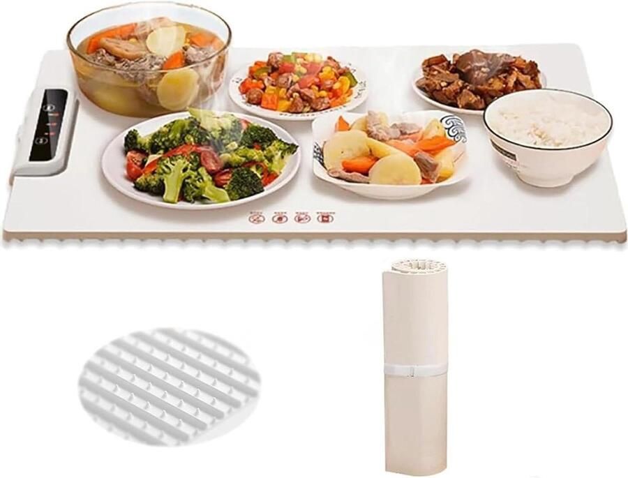 Verwarmbare warmhoudplaat 38×60cm voedselwarmhoudmat 60-100℃ instelbare temperatuur oprolbare en draagbare elektrische warmhoudplaat voor feesten bijeenkomsten buffetten (wit)