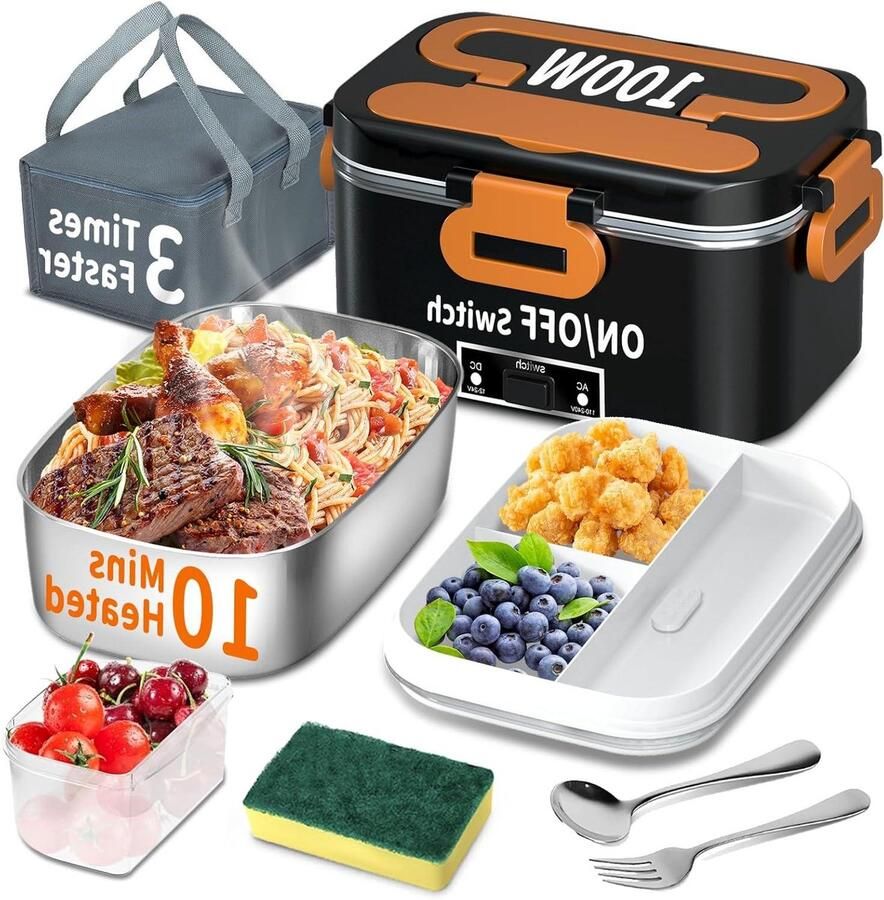 Verwarmde Lunchbox Draagbare Oven Warme Maaltijden Onderweg 3-in-1 Snel Verwarmen 1.8 Liter Capaciteit Oranje Zwart