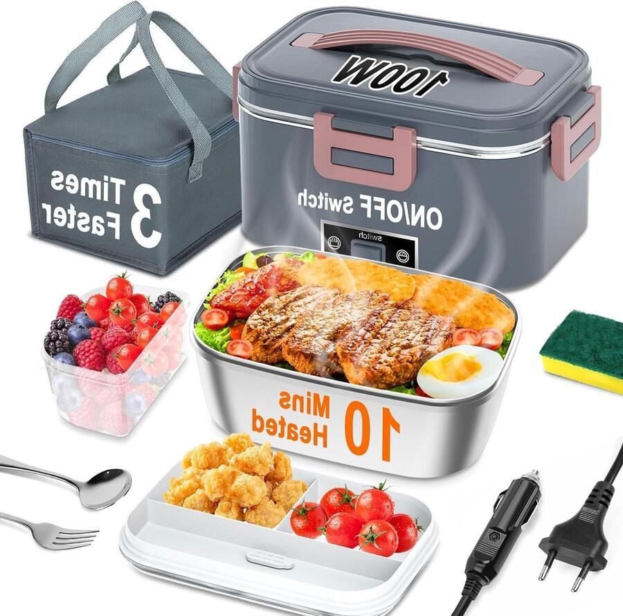Verwarmde Lunchbox Draagbare Voedselwarmer Eten Opwarmen Supersnelle 100W Verwarming 1.8 Liter Grijs