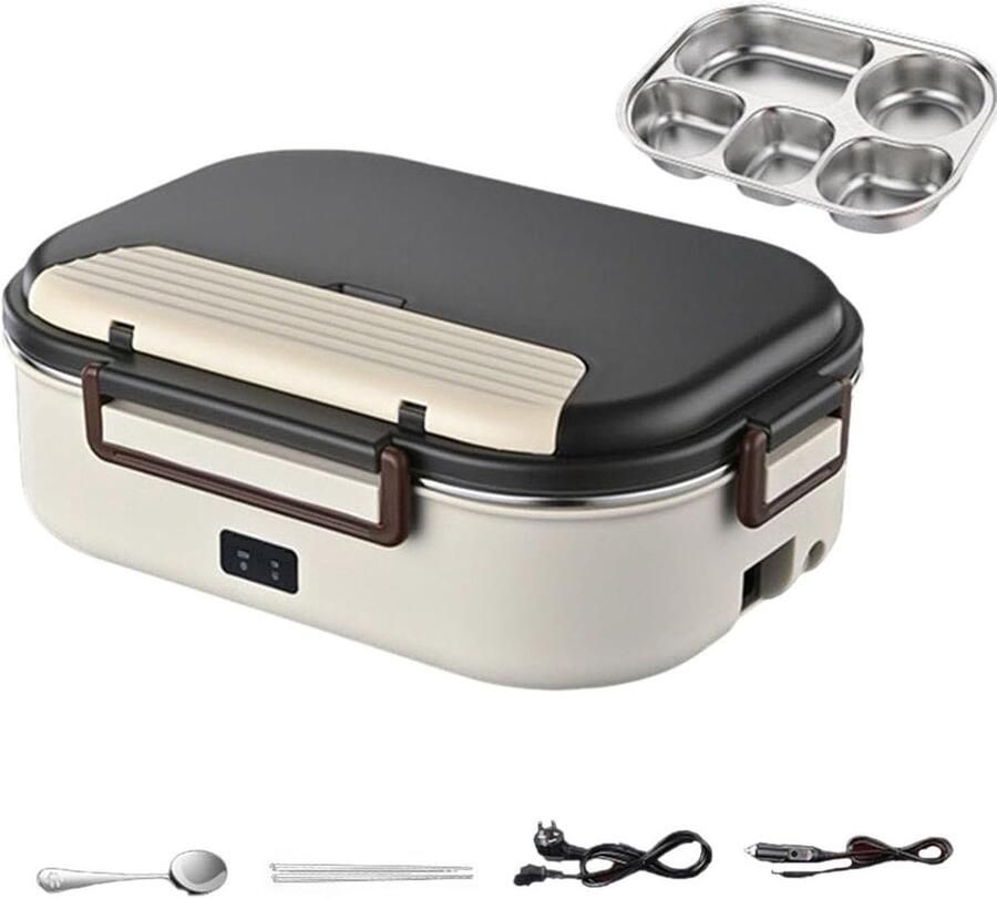 Verwarmde Lunchbox Elektrische Bento Warme Maaltijd Onderweg Roestvrij Staal Binnenkant 1.2 Liter Capaciteit Beige