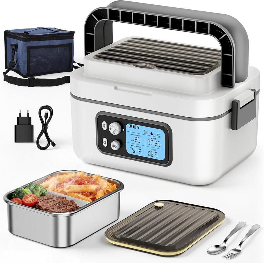 Verwarmde Lunchbox Elektrische Boterhamtrommel Warm Eten Onderweg Dubbelwandig Geïsoleerd 15 Liter Grijs