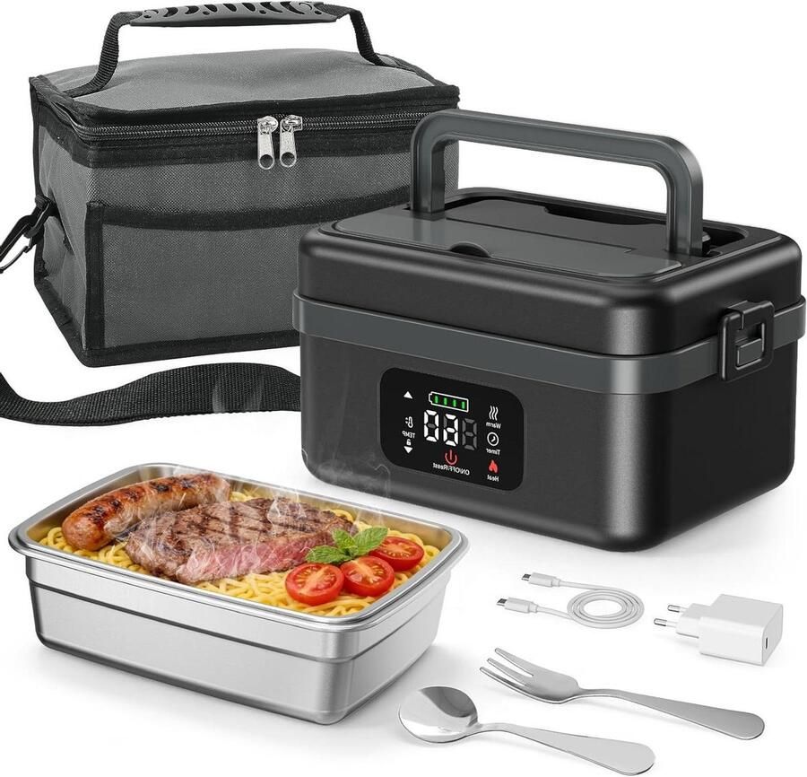 Verwarmde Lunchbox Elektrische Boterhamtrommel Warme Lunch Meenemen Zelfnivellerend 1 Liter Zwart Grijs
