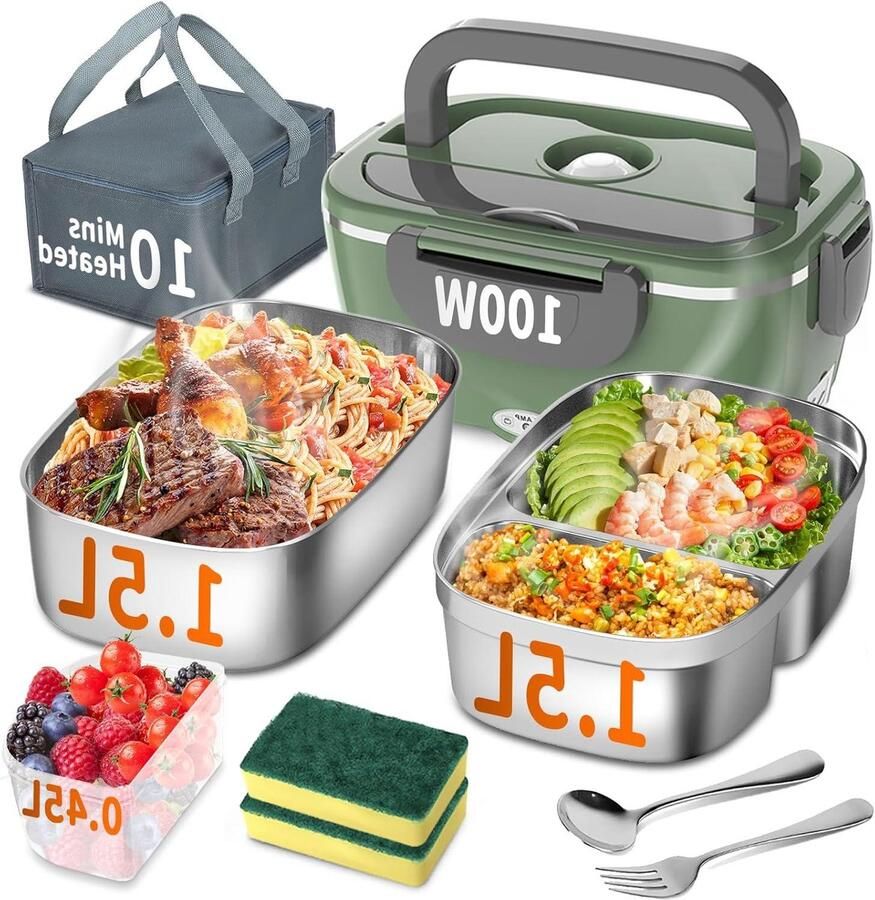 Verwarmde Lunchbox Voedselwarmer Warme Maaltijden 3-in-1 Verwarming 1.5 Liter Grijs
