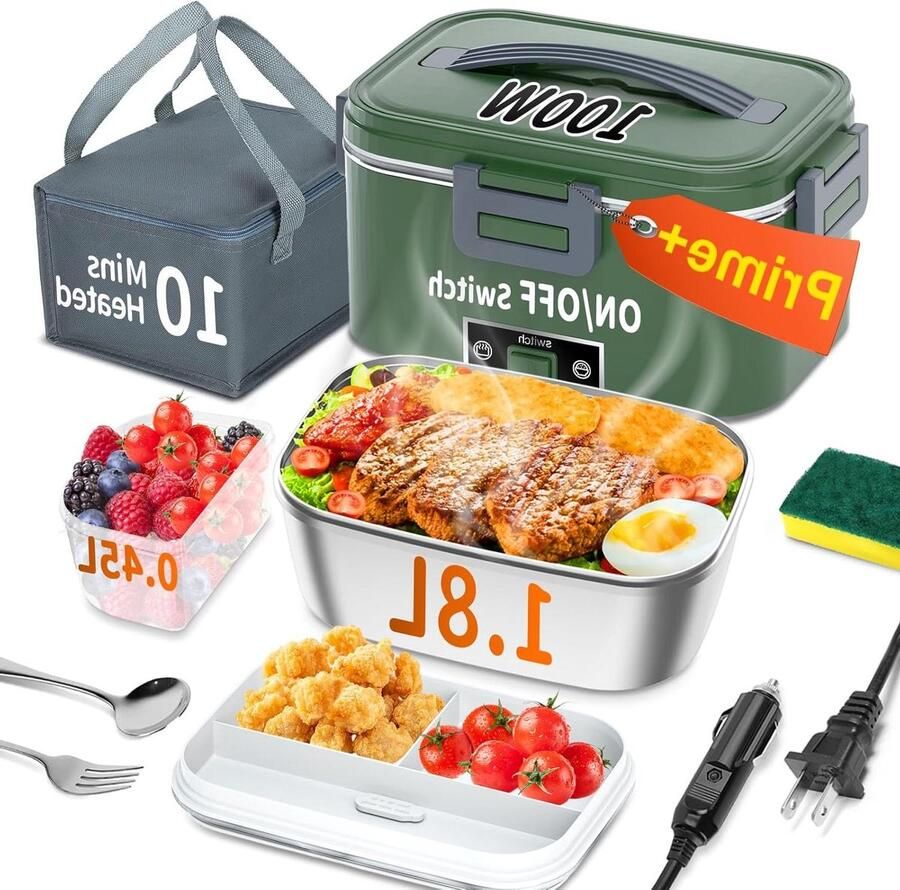 Verwarmde Lunchbox Elektrische Voedselwarmer Warme Maaltijden Onderweg Supersnel Opwarmen 1.8 Liter Capaciteit Groen